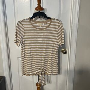 NWT MICHAEL Michael Kors Beige and White Striped Tie-Front Tee